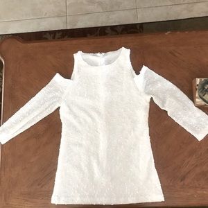 Beautiful white shimmery cold shoulder sweater
